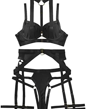 popiv Women's Lingerie Set 4 Pieces Suspender Lingerie with Thigh Cuffs Strappy Underwear Set