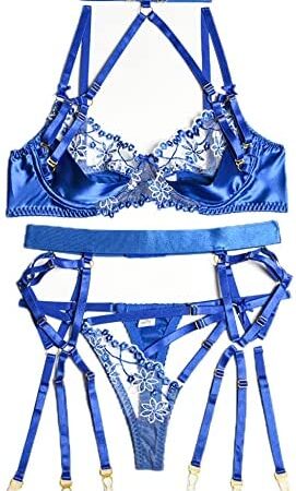 Aranmei Women Sexy Choker Garter Lingerie Set Satin Lace Embroidered Underwired Push Up Bra and Panty