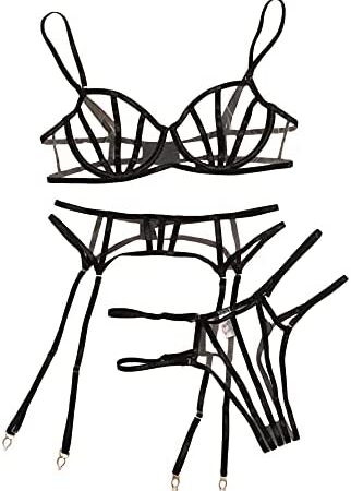 Lilosy Sexy Underwire Colorful Kawaii Cute Sheer Garter Belt Lingerie Set Bra and Panty 3 Piece