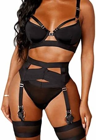 Aranmei Women Sexy Garter Lingerie Set, 4 Pieces Cutout Lingerie Set with Thigh Cuffs Underwired Bra and Knickers Sets, No Stockings