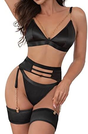 popiv Women's Lingerie Sets with Garter Belt 4 Piece Bra and Panties Sets High Waisted Suspenders Set