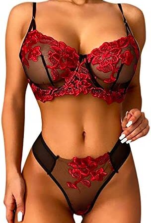 AMhomely Womens Sexy Lingerie Set Lace Rose Embroidered Sheer Underwear Naughty See Through Nightwear Teddy Babydoll Outfits Female Valentines Lingerie Chemises UK