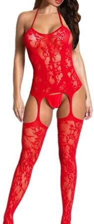 ROSVAJFY Sexy Lingerie for Women Naughty Bodystocking Fishnet Bodysuit Lace Halter Babydoll Chemise Nightwear Hollow Out Stretchy Tights Mini Dress with Suspenders Grarters Red Black