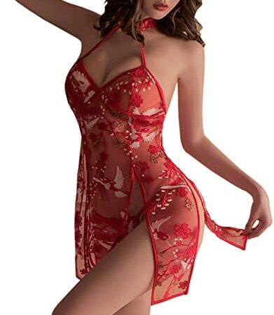 Women's Sexy Lingerie Lace Underwear Mesh See Through Teddy Babydoll Lingerie for Women Sexy Naughty Cheongsam Dress