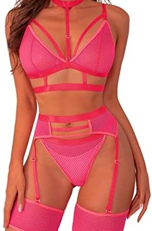 popiv Women's Lingerie Set 3 Piece Lace Bra and Panties Set Sexy Strap Lingerie with Choker