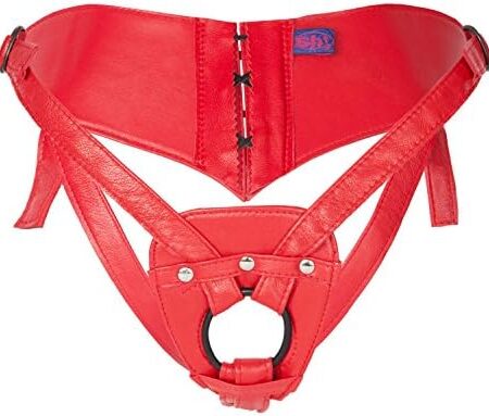 Sh! Corset Strap-On Dildo Harness: Red : M/L (Fits 14-20) Sexy & Secure Laced-Back Leather Dildo Belt