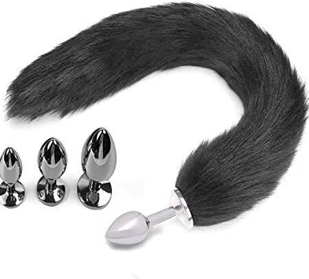 Smooth Long Fox Tail Faux Fur Anal Plug Sex Toy for Couples Cosplay SM Role Play Games, Beginner-Friendly Animal Tail Butt Plug for Women and Men(Black,M)