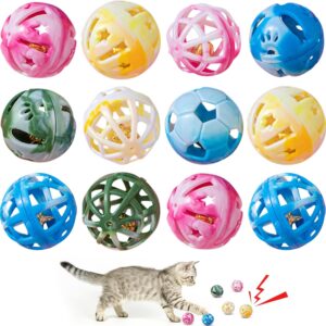 12Pcs Cat Ball Toys, Colorful Cat Bell Balls Toy Plastic Ball Cat Toys Interactive Cat Rattle Balls Cat Play Balls for Indoor Kitten Cat Catch Toy Hollow Balls with Bell for Pet Kitten Toy with Sound