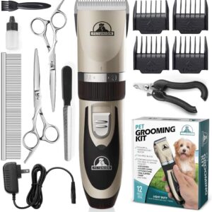 Pet Union Professional Dog Grooming Kit - Rechargeable, Cordless Pet Grooming Clippers & Dog Grooming Accessories, Low Noise & Suitable Dog Clippers, Cat Clippers and for Other Pets (Gold)