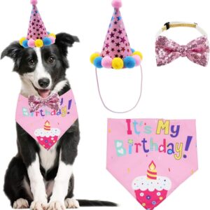 WUBAYI Dog Birthday Bandana Girl，Cute Dog Birthday Party Supplies with Happy Birthday Banner Bow Tie，Pet Costumes Headwear Accessories 3 Pcs ，for Cat and Dog Decoration(Pink)