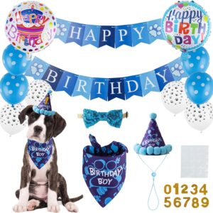 TCBOYING Dog Birthday Bandana, Dog Birthday Boy Hat Scarfs Flag Balloon with Cute Doggie Birthday Party Supplies Decorations (Style2, Blue)