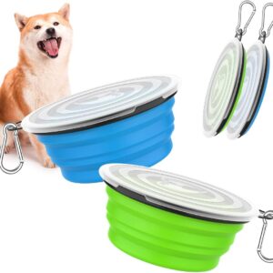 Pawaboo Collapsible Dog Bowls 2 Pack, Silicone Feeding Watering Bowls with Lids & Carabiners for Dogs Cats, Portable Collapsable Water Feeder Food Bowl for Walking Traveling Home Use, Blue + Green