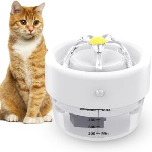 Jewyow 1L Wireless Cat Water Fountain, Ultra Silent Cat Water Fountain for drinking, 1000mAh battery operated Cat Water Fountain, 25s Water Flow, 2 Patterns, 120°Motion Sensor for Cats