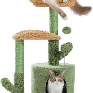 PETEPELA Small Cat Tree 83cm Modern Cactus Cat Tree Scratching Post for Small to Medium Size Cats Cat Tree with Plush Cave Bobble Ball Sisal Rope Scratching Post