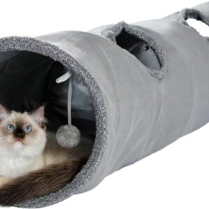 OHANA Collapsible Cat Tunnel Toy in suede, Large cat tunnels for indoor cats rabbits with 2 holes and suspended ball Dia30*130cm