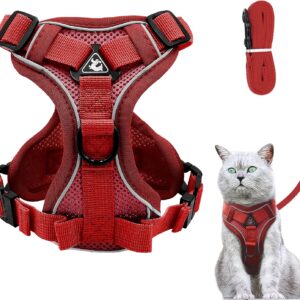 Cat Harness and Lead Set, Adjustable Kitten Harness and Lead Set with Reflective Strips Escape-Proof, Cat Vest Harness with Leash Sets for Cats Dogs Pets Walking (Red, S)