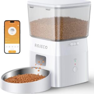 ROJECO Automatic Cat Feeder, 2.4G WiFi APP Control Cat Feeder, Dual Power Supply Pet Feeder with Stainless Steel Bowl, Time & Portion Programmable 10 Meals, 1 to 20 Portions Per Meal Suitable for Pet