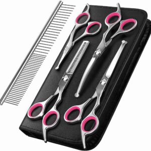 Pawaboo Dog Grooming Scissors 5 Pack, Dog Grooming Kit Stainless Steel Titanium Coated Dog Scissors Dog Grooming Scissors Set, Straight/Curved Shears & Comb with Case for Small Large Pet Dog Cat, Pink