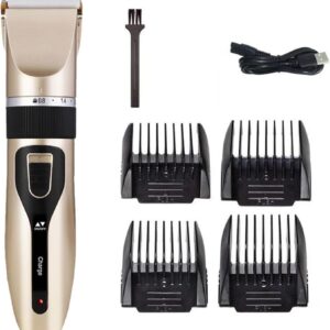 Tongdejing Dog Clippers- Electric Pet Shaver Low Noise Hair Trimmer Tool Rechargeable Dog Cat Grooming Clipper with 4 Limit Brushes for Small and Large Dogs Cats Animals(Gold)