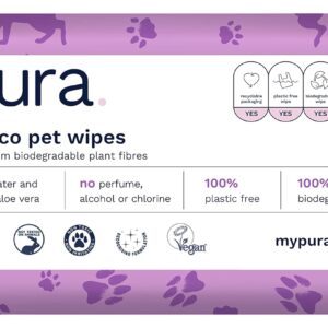 Pura Eco Pet Wipes for Dogs, Cats & Rabbits. 100 Percent Plastic Free, 100 Percent Biodegradable, Vegan. Great For Muddy Paws, Coats, Bottoms, Grooming & Cleaning 1 Pack of 90 Wipes