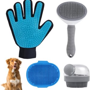 4Pcs Dog Shower Grooming Kit,Soft Silicone Pet Shampoo Massage Dispenser Grooming Shower Brush,Adjustable Soothing Rubber Brush,Self-Cleaning Slicker Comb,Gentle Deshedding Brush Glove for Cats & Dogs