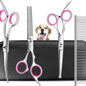 TOPGOOSE Dog Grooming Scissors Kit with Safety Round Tips, Professional 5 in 1 Grooming Scissors for Dogs Cat Pet at Home (Pink)