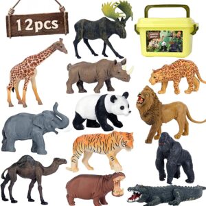 Safari Animal Toys Figures, 12 PCS Realistic Jumbo Wild Jungle Animals Figurines, Large African Zoo Animal Playset with Lion,Elephant,Giraffe, Plastic Animal Learning Toys for Kids Toddlers Boys Girls