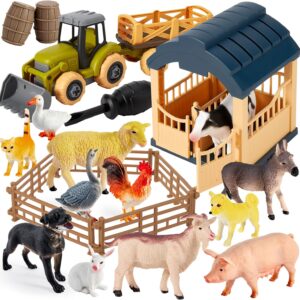 BUYGER Farm Animals Toys Sets for 3 4 5 Years Olds, Large and Mini Size Animals Figure, Take Apart Farmyard Truck House Fence Gifts for Kids Toddler Boys Girls