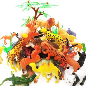 65 Pieces Animal Figures Toy Set - Plastic Educational Jungle Animal Toys for Boys Girls Kids Toddlers Farm Small Animals. Includes 44 Mini Animal Figures,16 Fences, 4 Grass and 1 Trees