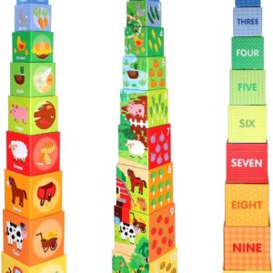 SOKA 10pcs Farm Animals Stacking Cubes Balancing Building Farm Animal Boxes Educational Developmental Montessori Learning Blocks Toy Set Gift for Kids Toddlers Children Boy Girl Ages 12 month old +