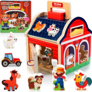 Montessori Toys for 1 2 3 Year Old Girls Boys Wooden Farm Animals Toys Take Along Shape Sorter Toys with Handle Door Chunky Blocks Montessori Learning Toys Christmas Birthday Gifts for Babies Toddlers