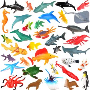 [36 Pack] Ocean Sea Animals Bath Toys for Party Favor Supplies - 2-4 inch Rubber Ocean Creatures Figures with Marine Octopus Shark Fish Sea Life for Child Education, Party Bag Filler, Birthday Gift