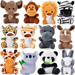 12pcs 14cm Jungle Stuffed Animals Plush Toys for Kids Party Bag Fillers Assorted Safari Jungle Animals Keychain for Easter Egg Christmas Stocking Fillers Birthday Party Favours Gifts Classroom Prizes