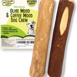 Woodbone Olive Wood and Coffee Wood Dog Chew Toy for Medium Dogs - Dogwood Branch Chewing Stick - Bundle of 2 Size M