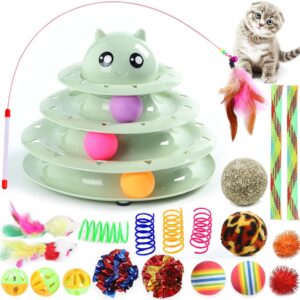 Suhaco 21 Pack Cat Toys for Indoor Cats Interactive Kitten Toy Fun Roller 3 Level Cat Ball Toys with Catnip Ball Self Play Cat Feather Wand Kitty Toy for Boredom (Green)