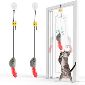 FYNIGO Cat Toys for Indoor Cats Adult Kitten, 2 Pack Door Hanging Interactive Cat Mice Toys with Squeaky Sound and Feather Tail, No Batteries Required, Kitten Toys, Cat Enrichment Boredom Mouse Toy