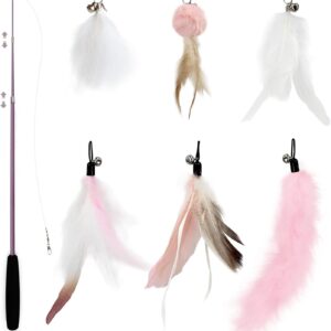 SONGWAY Cat Feather Stick Toy - 7 PCS Cat Feather Toys, 1 Cat Teaser Wand with 6 Feather Refills with Bell, Interactive Cat Toy Wand for Indoor Cat and Kitten, Pink