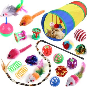 20 Pcs Cat Toys for Indoor Kitten, Collapsible Tunnel, Interactive Feather Wand Ball Spring Mice Toy for Puppy Kitty