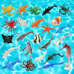 24 Pcs Sea Animals Toys Set Mini Ocean Sea Animals Figures Realistic Sea Creatures Plastic Mini Dinosaur Toys Set and Cake Toppers Educational Animal Learning Toys Bath Toys(Sea Animals)