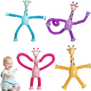 4PCS Telescopic Suction Cup Giraffe Toy, Tubes Fidget Toy Giraffe Educational Stress Relief Fidget Tubes Toy, Shape Changing Cartoon Puzzle Parent Child Interactive Decompression Toy (4 Color)