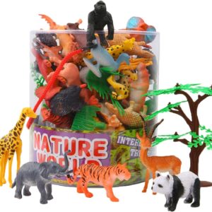 54 Piece Mini Animals Figure, Jungle Animals Toys Set With Gift Box, Realistic Wild Animal Party Favors Toys For Boys Kids Toddlers Forest Small Farm Animals Toys Playset