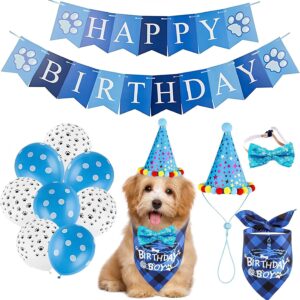 8Pcs Dog Birthday Party Set,MOSNOW Dog Birthday Decoration Balloon Bandana Scarf Hat and Tie,Cute Dog Birthday Party Supplies Blue Pet Headwear Accessories