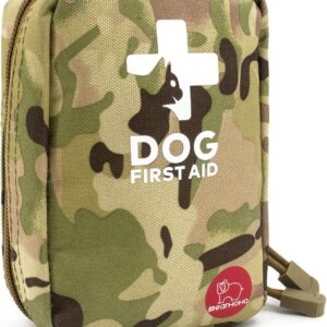 AID MATE Portable Dog First Aid Kit 72 PCS Medical Supplies with Thermometer Emergency Blanket Splint Pet Emergency Bag for Camping Walking Cycling Car Hiking, Camo