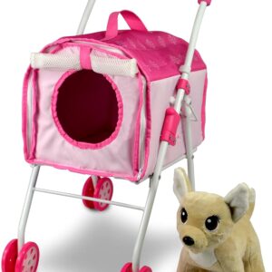 ANIVIA Pet Stroller and Accessories for Kids Ages 3 to 7 Year Olds, Dog Toy for Toddlers, 2 Pieces Play Dog Set, Puppy Party Playset with 1 Pet Puppy Included Pink