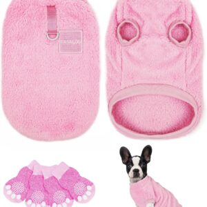 Adiwo Dog Sweater, Fashion Pet Winter Clothes + Socks Set, Soft Warm Dog Cat Jumper, Fleece Chihuahua Sweatshirt Pet Paw Protector, Pet Winter Supplies for Puppy Small Medium Large Dogs(Pink,S)