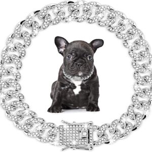 Amabro Rhinestone Dog Chain Collar, Adjustable Cuban Link Dog Collar with Secure Buckle Design Metal Cat Chain Necklace Pet Collar Jewelry Accessories for Small Medium Large Dogs Cats(Silver)
