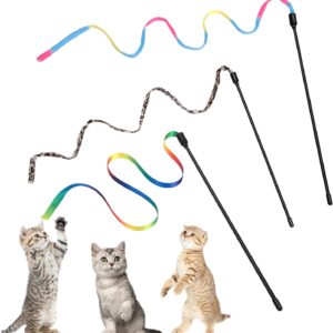 Amaxiu Cat Wand Toy Set, Interactive Cat Wand Toy with Rainbow Ribbon String, Rainbow Cloth String, Leopard Print Cloth String for Small Cats Kittens Indoor Training Catcher(3 Packs)