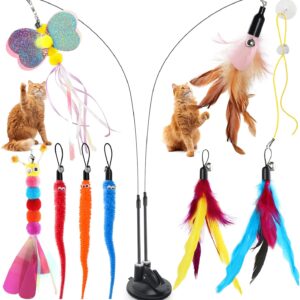 Bigqin Cat Feather Toys 12 Pcs Interactive Cat Toys, 8 Toys with Bells, 2 Cat Teaser Wand,1 Dual Head Removable Super Suction Cup, 1 Sticky Door Lanyard, Funny Kitten Training Toys Indoor Outdoor
