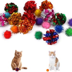 Cat Toys, 20 Pcs Kitten Toys Sets Bite Resistant Pompoms Cat Crinkle Toys Colorful Bell Paper Balls, Cat Interactive Toys Plush Balls Cat Crinkle Balls for Cat Relieve Boredom Reduce Stress Keep Fit