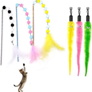 Cat Wand, 6Pcs Cat Toys,Interactive Cat Toys for Indoor Cats Adult Kitten Include Replacement Feathers 3Pcs,Cat Wand Toy Set Retractable Interactive Cat Wand Rod Colourful Refills